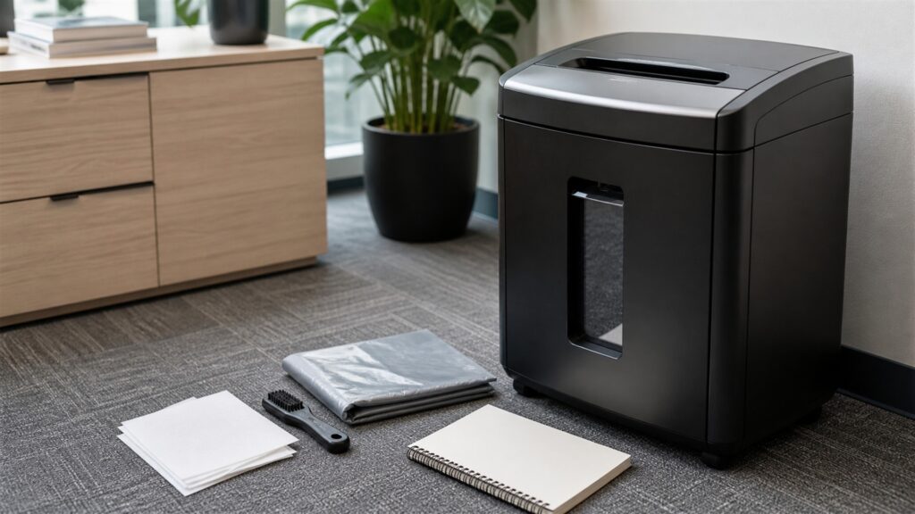 secure office shredding station with paper shredder, locked document bin, blank paper bundles, collection bags, lubricant sheets, and tidy storage for a maintenance costs buying decision