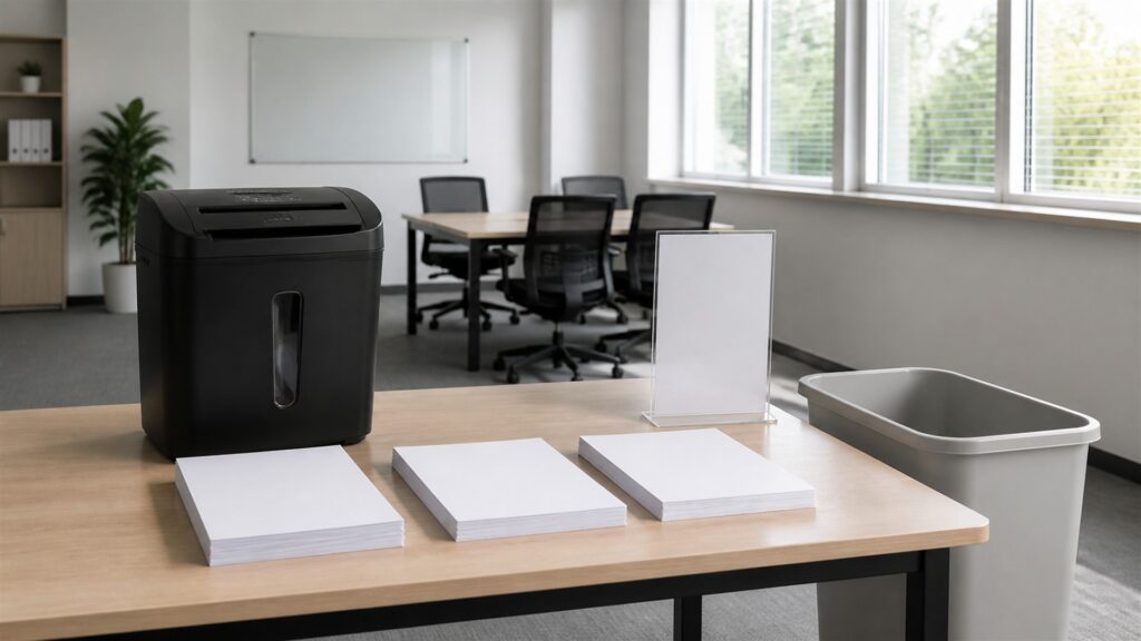 secure office shredding station with paper shredder, locked document bin, blank paper bundles, collection bags, lubricant sheets, and tidy storage for a daily use buying decision