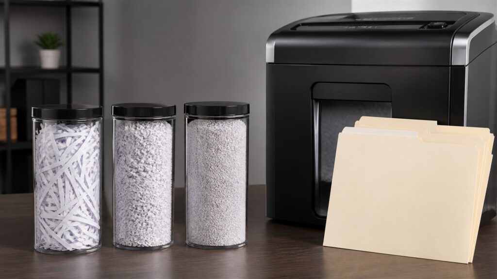 secure office shredding station with paper shredder, locked document bin, blank paper bundles, collection bags, lubricant sheets, and tidy storage for a accuracy buying decision