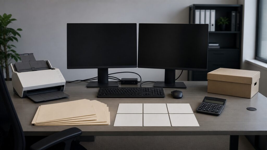 unbranded enterprise finance operations desk with dual blank reporting screens, secure document trays, approval tokens, calculator, and network gateway for a year-end close planning buying decision