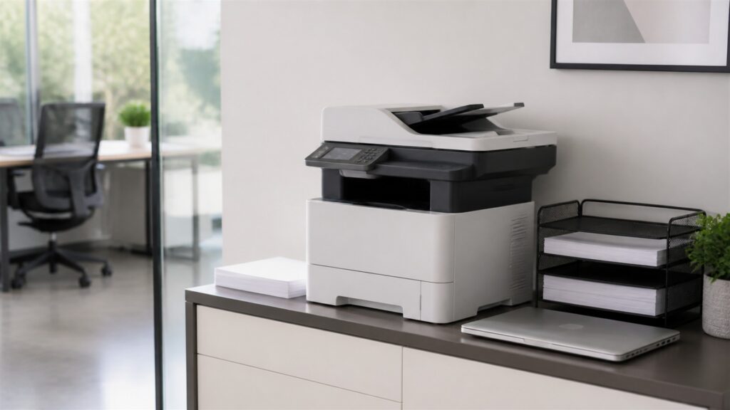 small office print station with all-in-one printer, powered-off laptop, blank paper, plain folders, spare paper tray, cable organizer, and supply cabinet for a general selection buying decision