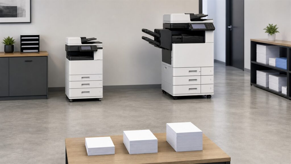 small office print station with all-in-one printer, powered-off laptop, blank paper, plain folders, spare paper tray, cable organizer, and supply cabinet for a volume and throughput buying decision