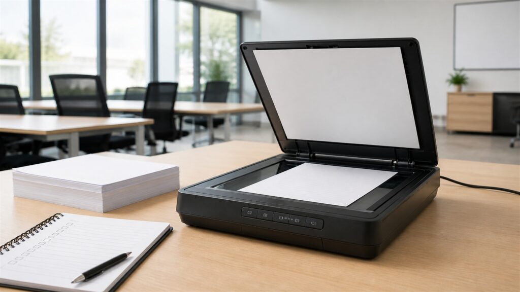 document digitization desk with powered-off monitor, flatbed scanner with lid closed, archival folders, blank photographs face down, calibration card without text, and cleaning tools for a daily use buying decision
