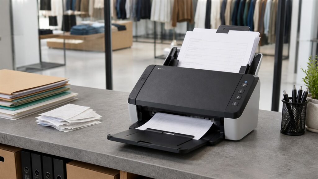 document processing station with sheetfed scanner, powered-off monitor, blank paper stacks, input and output trays, archival folders, and cleaning tools for a retail operations buying decision