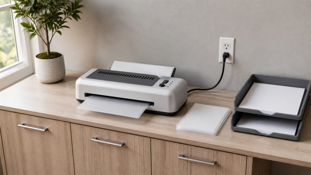 laminating workstation with laminator, blank pouches, plain cards, cooling tray, paper trimmer, carrier sheets, and organized supplies for a space and setup buying decision