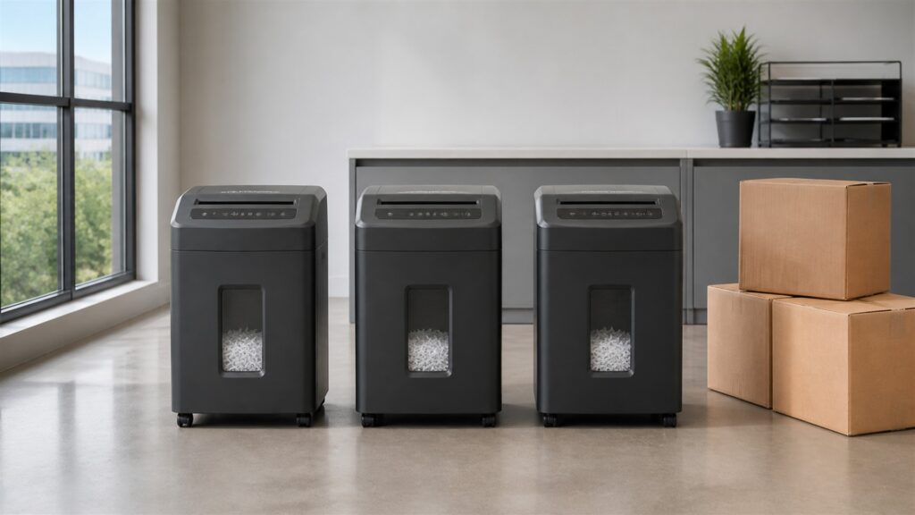 secure office shredding station with paper shredder, locked document bin, blank paper bundles, collection bags, lubricant sheets, and tidy storage for a multi-location deployment buying decision