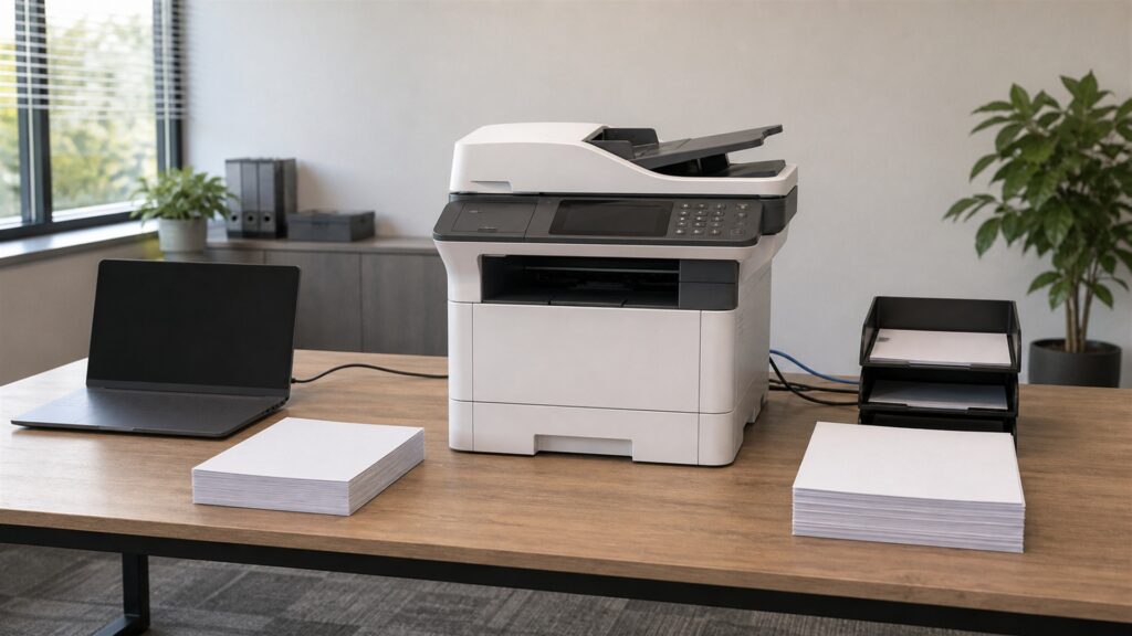 small office print station with all-in-one printer, powered-off laptop, blank paper, plain folders, spare paper tray, cable organizer, and supply cabinet for a print workflow buying decision