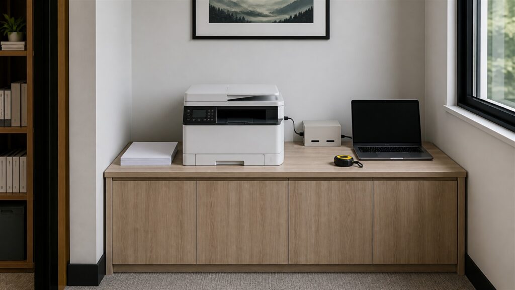 small office print station with all-in-one printer, powered-off laptop, blank paper, plain folders, spare paper tray, cable organizer, and supply cabinet for a space and setup buying decision