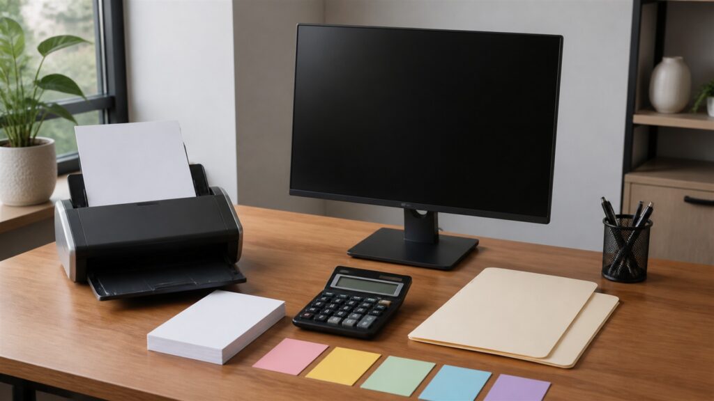 unbranded bookkeeping automation desk with powered-off monitor, document scanner, calculator, blank receipts, colored blank workflow cards, and plain folders for a general selection buying decision