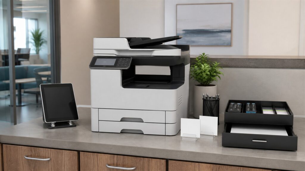 small office print station with all-in-one printer, powered-off laptop, blank paper, plain folders, spare paper tray, cable organizer, and supply cabinet for a daily use buying decision