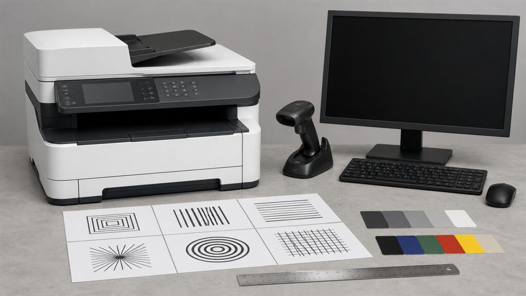 small office print station with all-in-one printer, powered-off laptop, blank paper, plain folders, spare paper tray, cable organizer, and supply cabinet for a accuracy buying decision