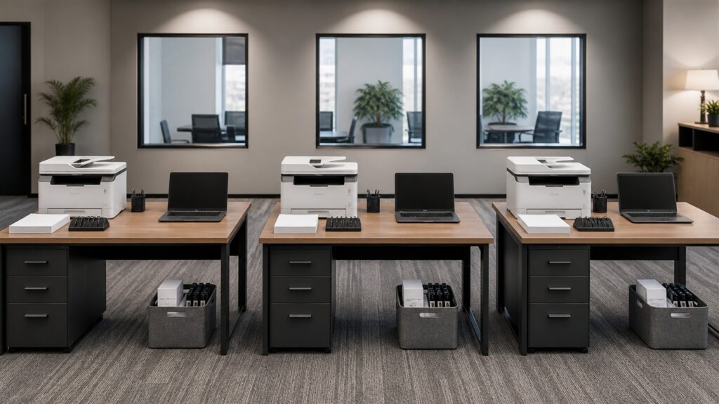 small office print station with all-in-one printer, powered-off laptop, blank paper, plain folders, spare paper tray, cable organizer, and supply cabinet for a multi-location deployment buying decision