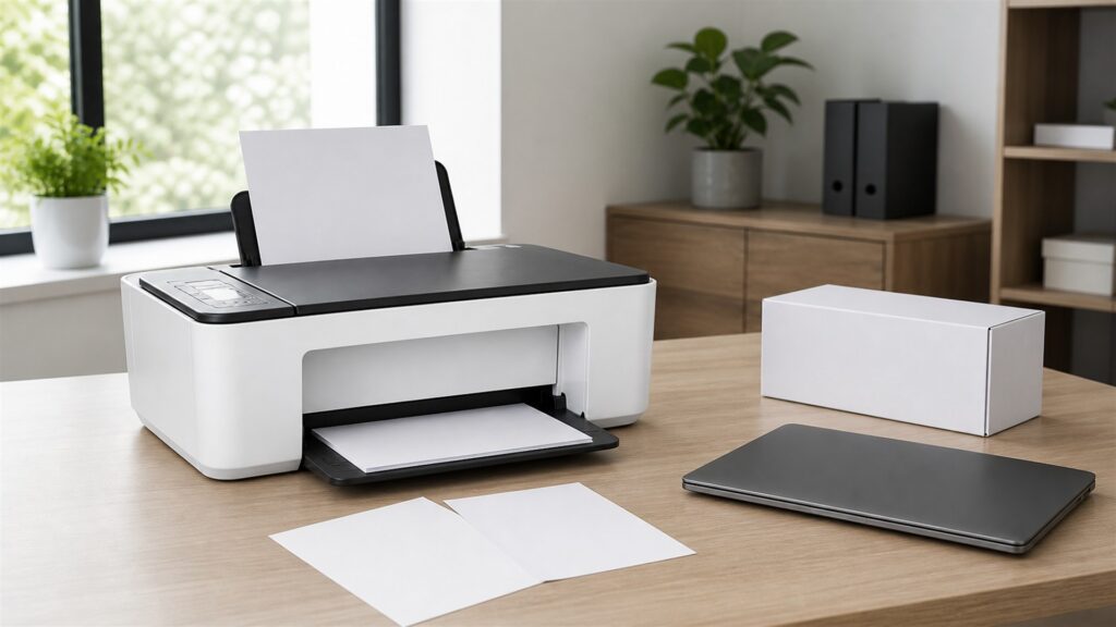 office print station with a realistic business inkjet printer, powered-off laptop, blank paper, ink supply boxes without labels, paper trays, cable organizer, and maintenance supplies for a general selection buying decision