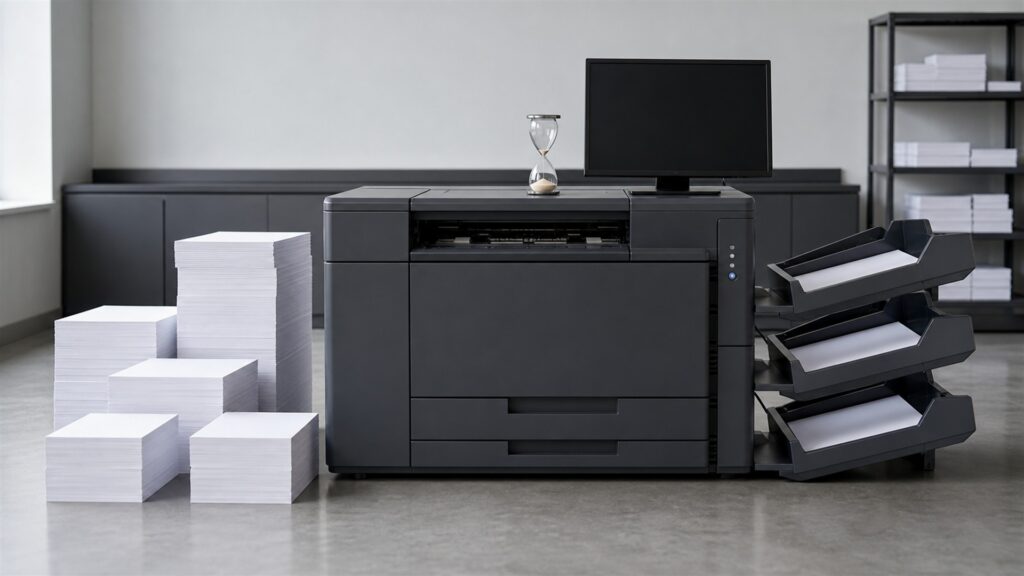 office print station with a realistic business inkjet printer, powered-off laptop, blank paper, ink supply boxes without labels, paper trays, cable organizer, and maintenance supplies for a volume and throughput buying decision