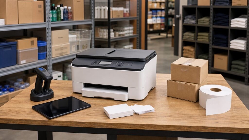 office print station with a realistic business inkjet printer, powered-off laptop, blank paper, ink supply boxes without labels, paper trays, cable organizer, and maintenance supplies for a retail operations buying decision