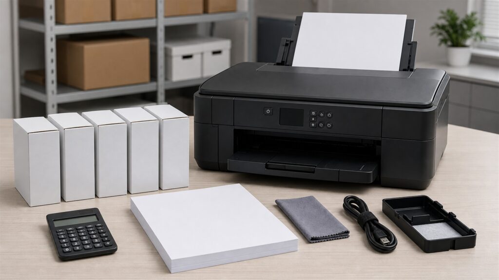 office print station with a realistic business inkjet printer, powered-off laptop, blank paper, ink supply boxes without labels, paper trays, cable organizer, and maintenance supplies for a maintenance costs buying decision
