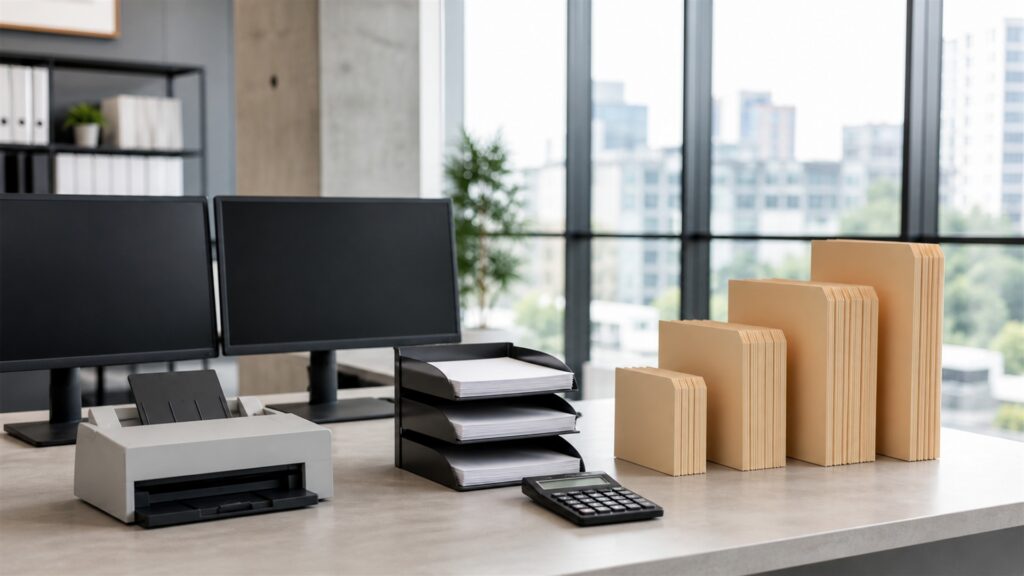 unbranded bookkeeping automation desk with powered-off monitor, document scanner, calculator, blank receipts, colored blank workflow cards, and plain folders for a business size and complexity buying decision