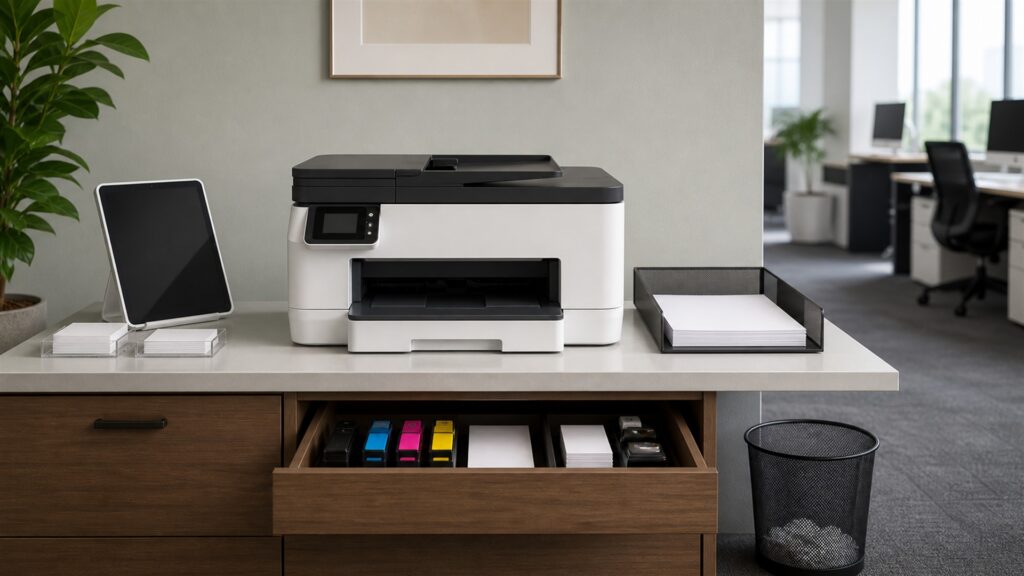 office print station with a realistic business inkjet printer, powered-off laptop, blank paper, ink supply boxes without labels, paper trays, cable organizer, and maintenance supplies for a daily use buying decision