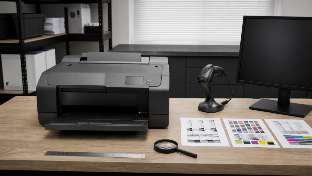 office print station with a realistic business inkjet printer, powered-off laptop, blank paper, ink supply boxes without labels, paper trays, cable organizer, and maintenance supplies for a accuracy buying decision