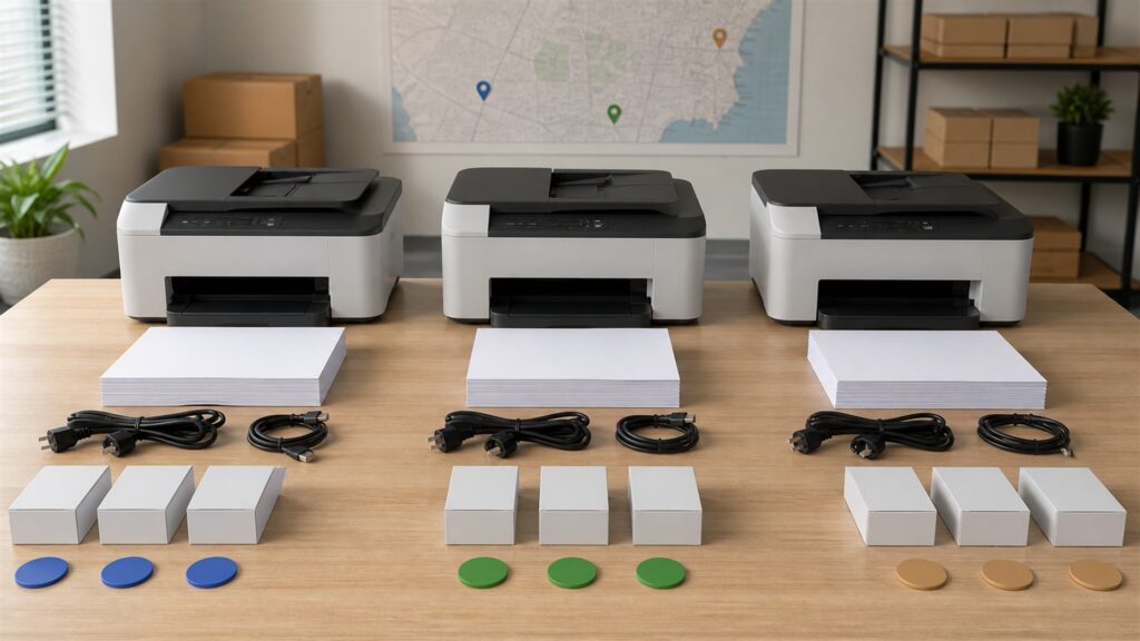 office print station with a realistic business inkjet printer, powered-off laptop, blank paper, ink supply boxes without labels, paper trays, cable organizer, and maintenance supplies for a multi-location deployment buying decision