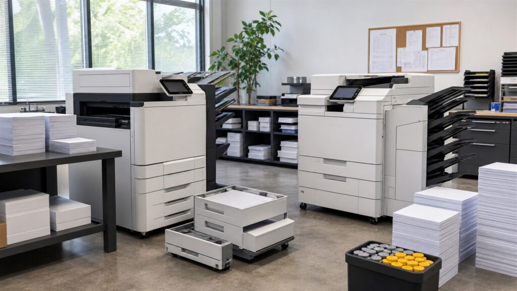 business print room with a realistic laser printer, blank paper trays, sealed unbranded toner boxes, cable organizer, and maintenance kit for a volume and throughput buying decision