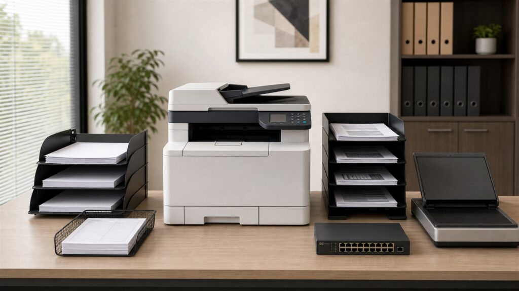 business print room with a realistic laser printer, blank paper trays, sealed unbranded toner boxes, cable organizer, and maintenance kit for a print workflow buying decision