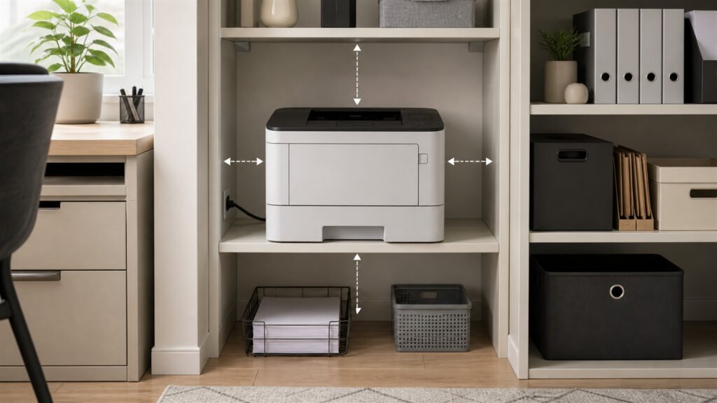 business print room with a realistic laser printer, blank paper trays, sealed unbranded toner boxes, cable organizer, and maintenance kit for a space and setup buying decision