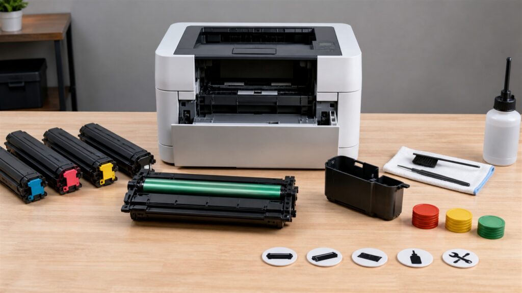 business print room with a realistic laser printer, blank paper trays, sealed unbranded toner boxes, cable organizer, and maintenance kit for a maintenance costs buying decision