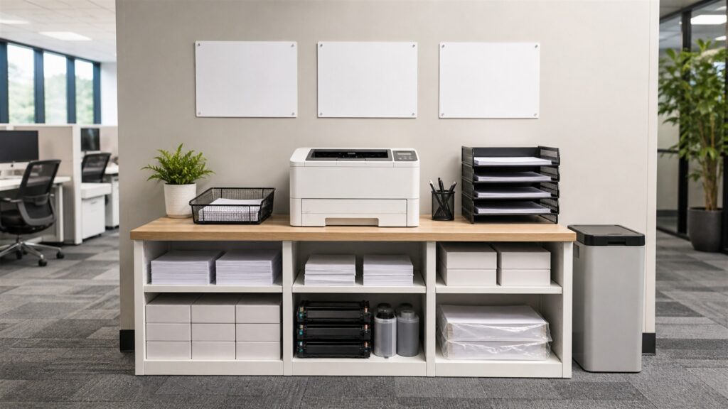 business print room with a realistic laser printer, blank paper trays, sealed unbranded toner boxes, cable organizer, and maintenance kit for a daily use buying decision