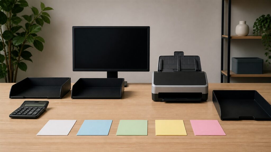 unbranded bookkeeping automation desk with powered-off monitor, document scanner, calculator, blank receipts, colored blank workflow cards, and plain folders for a bookkeeping workflow automation buying decision