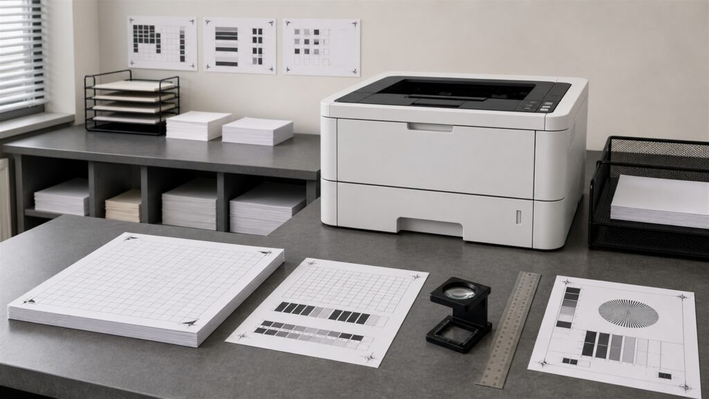 business print room with a realistic laser printer, blank paper trays, sealed unbranded toner boxes, cable organizer, and maintenance kit for a accuracy buying decision