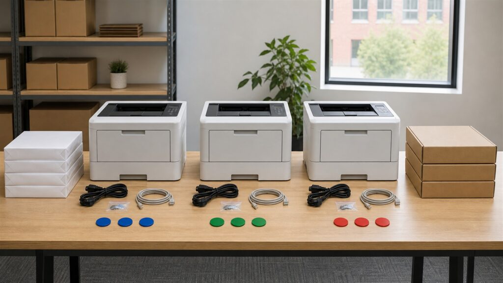 business print room with a realistic laser printer, blank paper trays, sealed unbranded toner boxes, cable organizer, and maintenance kit for a multi-location deployment buying decision