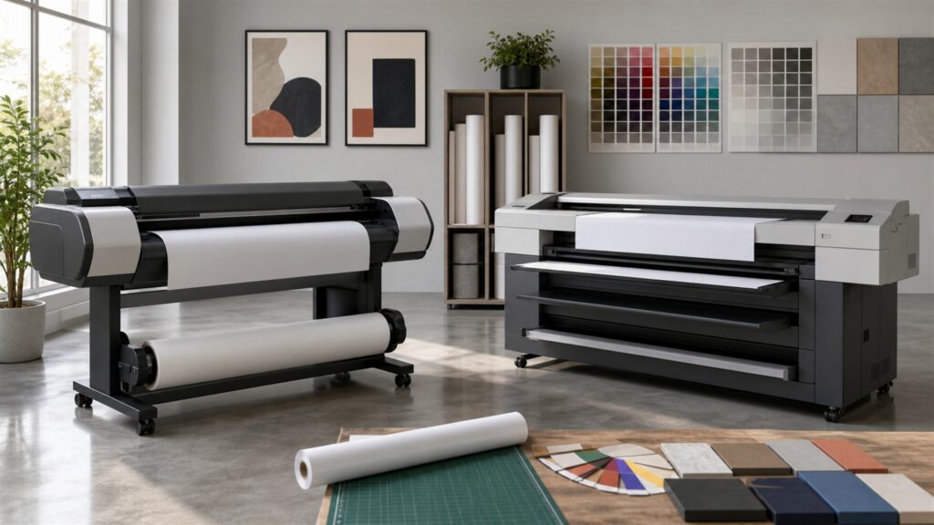 design studio print area with a realistic wide-format printer, blank paper rolls, cutting mat, color swatches without text, and storage rack for a general selection buying decision