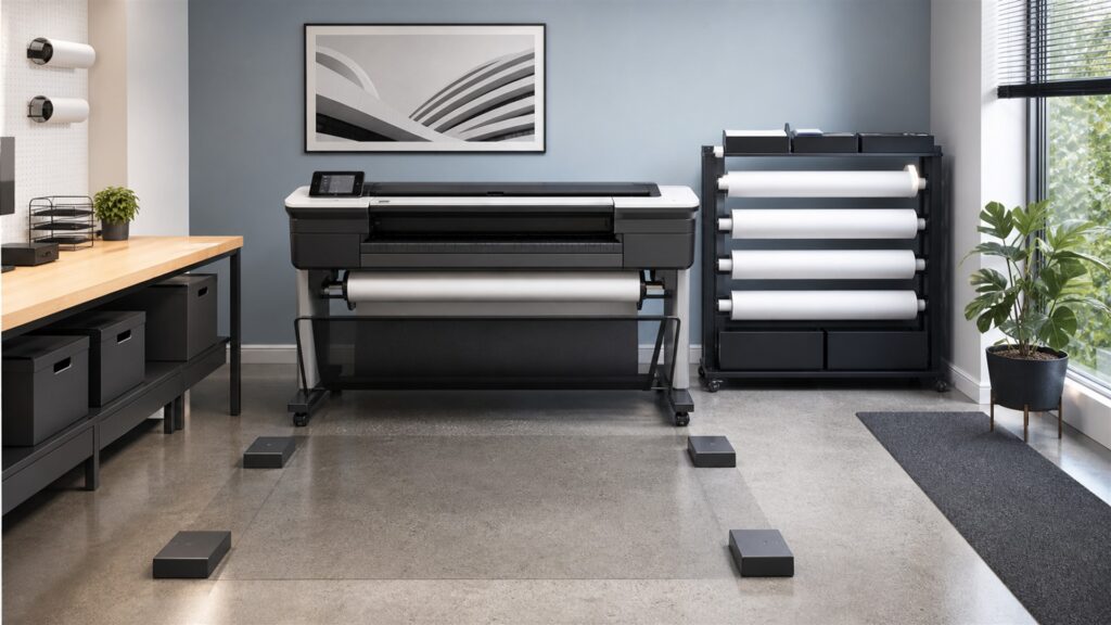 design studio print area with a realistic wide-format printer, blank paper rolls, cutting mat, color swatches without text, and storage rack for a space and setup buying decision