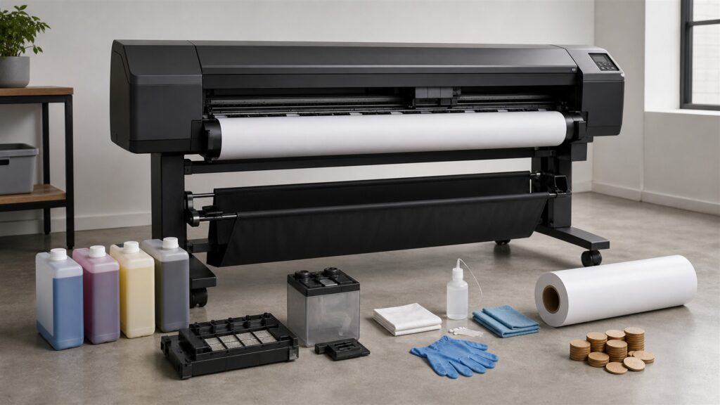 design studio print area with a realistic wide-format printer, blank paper rolls, cutting mat, color swatches without text, and storage rack for a maintenance costs buying decision