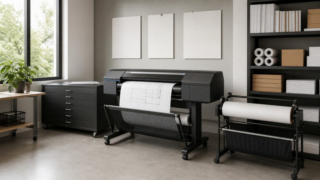design studio print area with a realistic wide-format printer, blank paper rolls, cutting mat, color swatches without text, and storage rack for a daily use buying decision