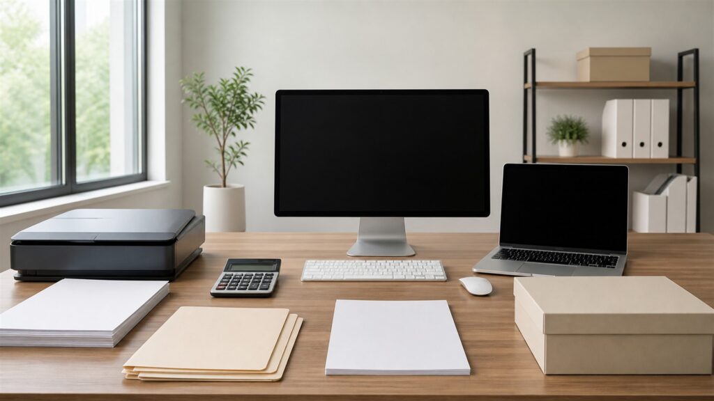 unbranded bookkeeping automation desk with powered-off monitor, document scanner, calculator, blank receipts, colored blank workflow cards, and plain folders for a tax season preparation buying decision