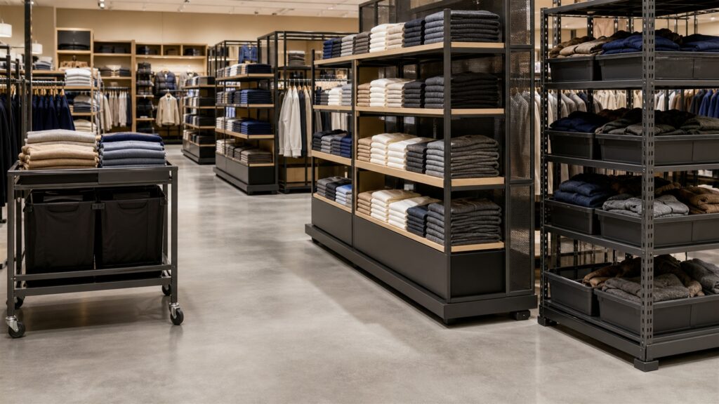 retail showroom with freestanding merchandise racks, empty shelves, folded neutral goods, aisle clearance markers without text, and a stock cart for a volume and throughput buying decision