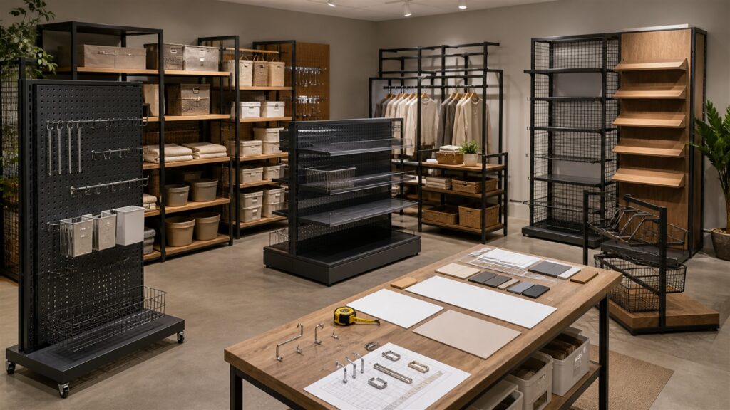 retail showroom with freestanding merchandise racks, empty shelves, folded neutral goods, aisle clearance markers without text, and a stock cart for a merchandising workflow buying decision