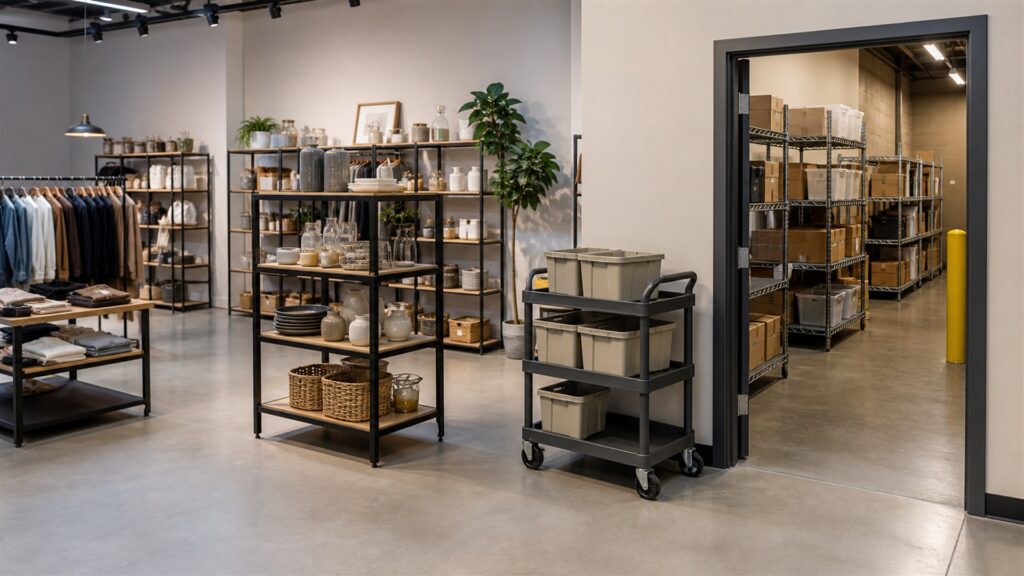 retail showroom with freestanding merchandise racks, empty shelves, folded neutral goods, aisle clearance markers without text, and a stock cart for a retail operations buying decision