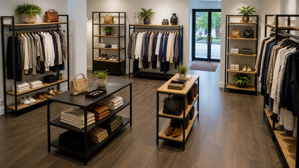 retail showroom with freestanding merchandise racks, empty shelves, folded neutral goods, aisle clearance markers without text, and a stock cart for a space and setup buying decision
