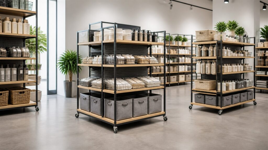 retail showroom with freestanding merchandise racks, empty shelves, folded neutral goods, aisle clearance markers without text, and a stock cart for a daily use buying decision