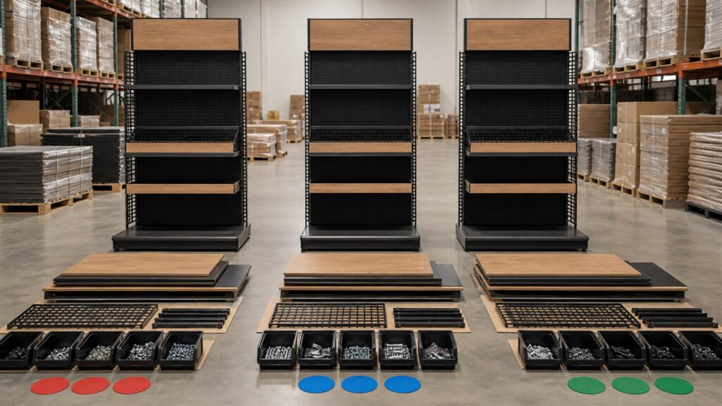 retail showroom with freestanding merchandise racks, empty shelves, folded neutral goods, aisle clearance markers without text, and a stock cart for a multi-location deployment buying decision