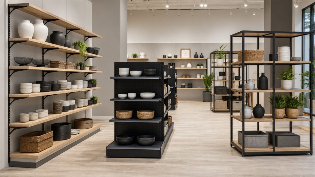 bright retail aisle with modular display shelving, neutral folded merchandise, adjustable shelves, storage bins, and clear customer pathways for a general selection buying decision