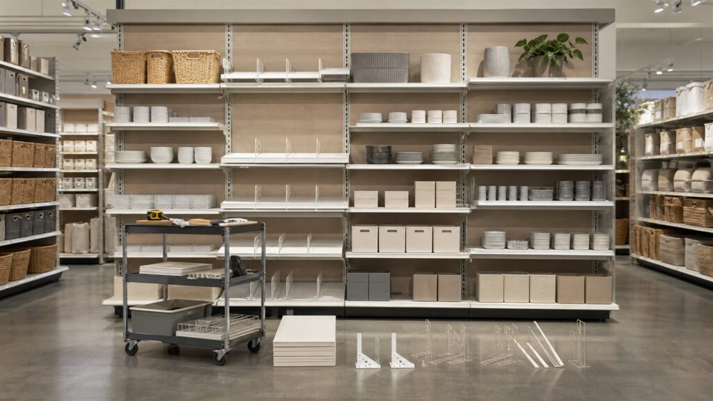 bright retail aisle with modular display shelving, neutral folded merchandise, adjustable shelves, storage bins, and clear customer pathways for a merchandising workflow buying decision