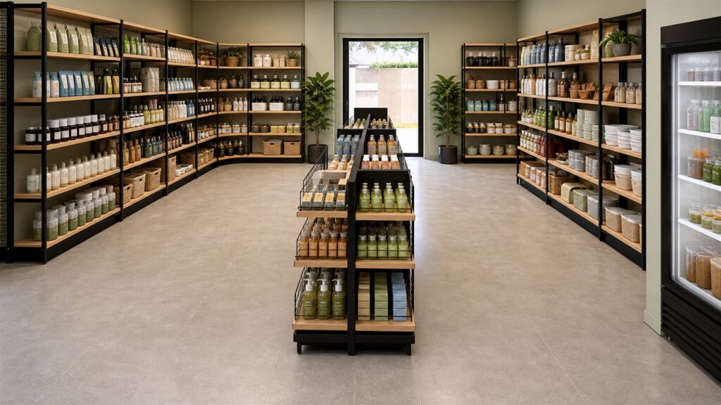bright retail aisle with modular display shelving, neutral folded merchandise, adjustable shelves, storage bins, and clear customer pathways for a space and setup buying decision
