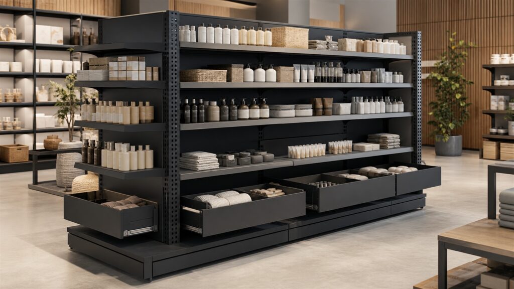 bright retail aisle with modular display shelving, neutral folded merchandise, adjustable shelves, storage bins, and clear customer pathways for a daily use buying decision