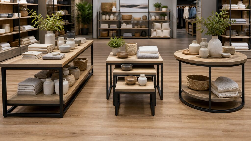 retail showroom with nested display tables, neatly arranged neutral products, measuring tape, floor-plan cards without text, and wide aisle clearance for a general selection buying decision