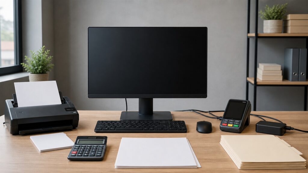 unbranded bookkeeping automation desk with powered-off monitor, document scanner, calculator, blank receipts, colored blank workflow cards, and plain folders for a payroll integrations buying decision