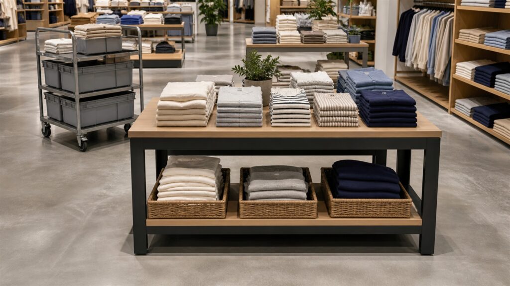 retail showroom with nested display tables, neatly arranged neutral products, measuring tape, floor-plan cards without text, and wide aisle clearance for a volume and throughput buying decision